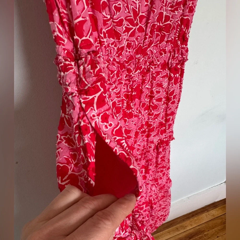 J. Crew Coral Pink Floral Tiered Midi Dress